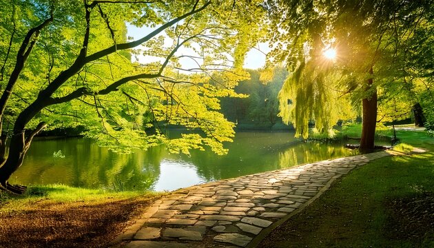 Beautiful colorful summer spring natural landscape with a lake in Park surrounded by green