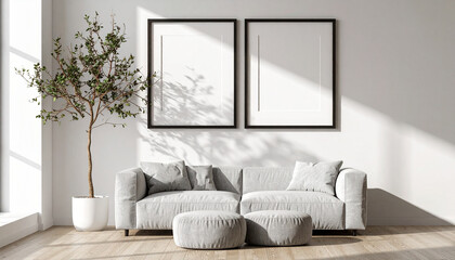 Modern Home Interior Design: A chic and inviting living space with a minimalist design, featuring a plush sofa, decorative tree and elegant picture frames, ideal for showcasing art.