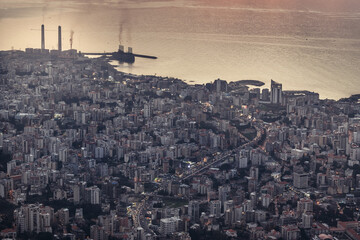 Aerial view on the Mediterranean Sea coast from shrine in Harissa town, Lebanon