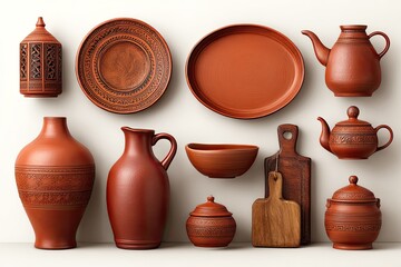 Terracotta kitchenware collection on white background