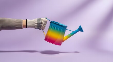 A vibrant, rainbow-colored watering can being held by a gloved hand against a soft, purple backdrop. Evoking themes of gardening, creativity, and nurturing life
