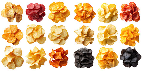 Assorted potato chips in different shapes and colors isolated on a transparent background