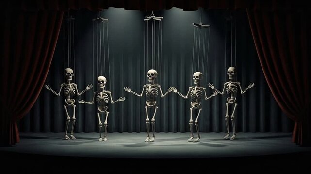 Skeletons perform on stage as puppets with red curtains backdrop