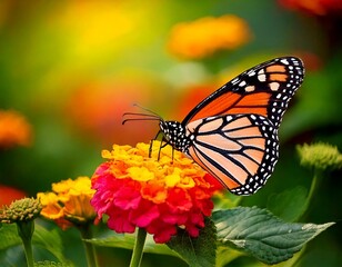 Fototapeta premium Beautiful image in nature of monarch butterfly on lantana flower.