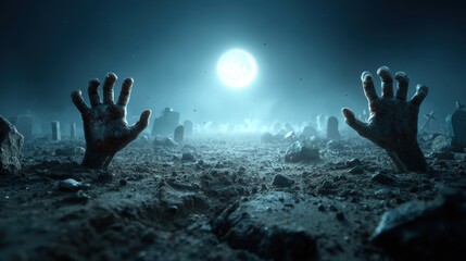 Bony pale hands of sexy woman vampire with sharp bloody red nails rising out from the ground,Halloween grave crosses,zombies at night,creepy hand coming out of the ground,halloween concept.