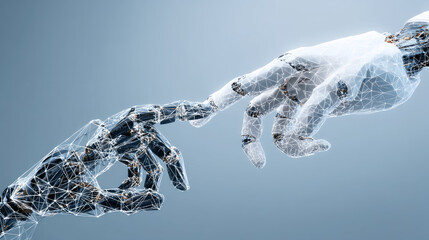 Artificial intelligence, future technology and business concept - robot and human hand on the background of connecting to a big data network futuristic