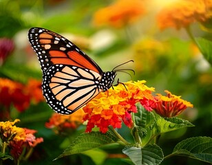 Fototapeta premium Beautiful image in nature of monarch butterfly on lantana flower.