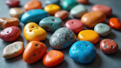Vibrant, multicolored, ceramic stones of various shapes and sizes arranged on a gray surface, showcasing a delightful array of colors.