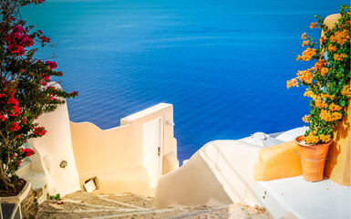 street and wooden gates against volcano caldera, beautiful details of Santorini island, Greece