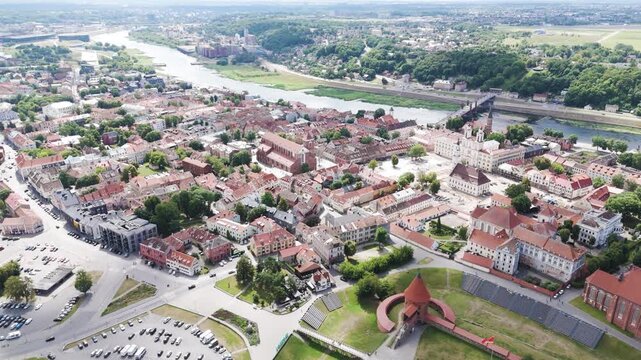 Kaunas city oldtown and castle, aerial panoramic orbit view