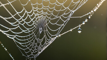 Morning spider web with dew drops, ultra realistic macro detail