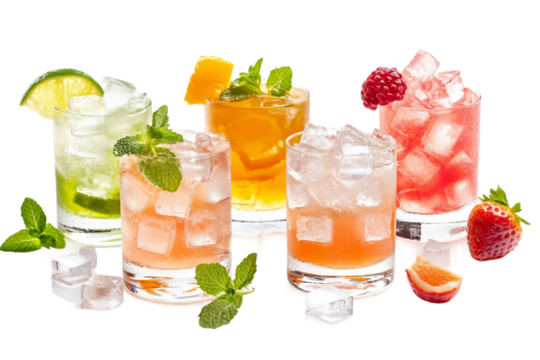 Cold beverages with ice cubes ready to serve isolated on transparent background
