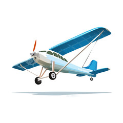 Fototapeta premium Blue and white airplane flying graphic illustration light aviation air transport aircraft propellor travel journey adventure graphic design