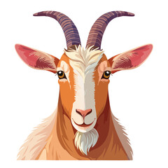Cute goat head with horns illustration facing forward featuring its unique orange fur color and white beard on a black background