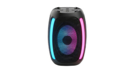 Close up of a black speaker with colorful lights on a black background in studio shot