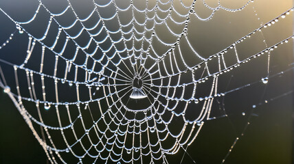 Morning spider web with dew drops, ultra realistic macro detail