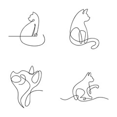 Continuous line art drawing of cats. Set of minimalist black and white feline illustrations in various poses.