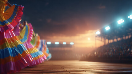 Colorful Traditional Dance at El Salvador Independence Day Celebration in a Stadium with Bright Costumes and Festive Lights at Sunset