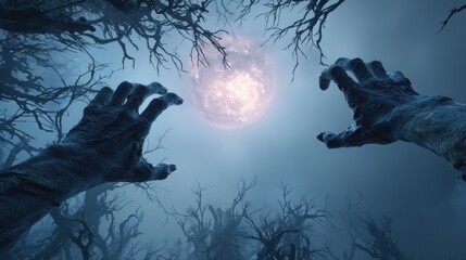 Obraz premium Bony pale hands of sexy woman vampire with sharp bloody red nails rising out from the ground,Halloween grave crosses,zombies at night,creepy hand coming out of the ground,halloween concept.