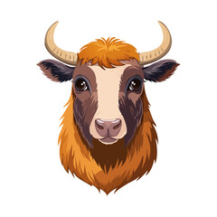 Cartoon yak head with curved horns, brown fur, and black background illustration