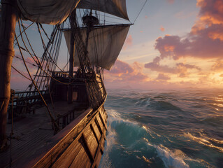 Experience the thrill of open water sailing on a classic ship at sunset with vibrant clouds above