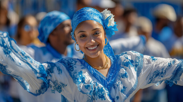 El Salvador Independence Day Traditional Dance Performance in Blue and White Costumes with Joyful Celebration of National Pride and Cultural Heritage
