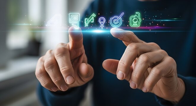 Person interacting with a futuristic interface, touching holographic icons representing various technologies and concepts like security, data analysis, and gender equality on a digital screen.