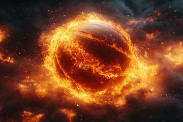 Fototapeta premium Basketball engulfed in intense orange and yellow flames against dark smoky background