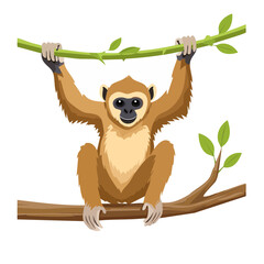 Cute cartoon gibbon swinging from tree branch happy primate in jungle forest vector illustration