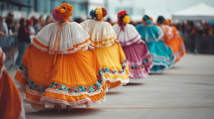 Women in Vibrant Traditional Dresses Dancing during El Salvador Independence Day Parade with Culture, Music, and Festive Spirit