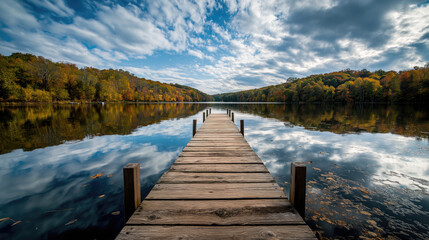Obraz premium Wooden pier leading into a lake reflecting autumn skies --ar