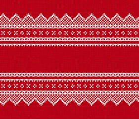 Christmas knitted border. Xmas sweater print. Knit seamless pattern. Holiday red geometric background. Fair isle traditional texture. Festive winter ornament. Vector.