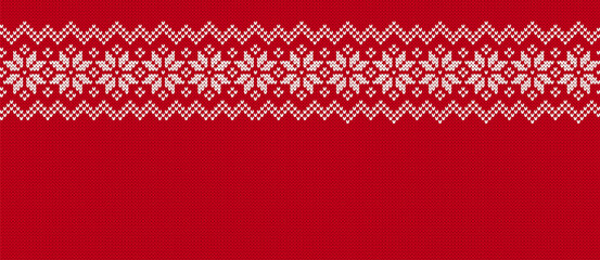 Christmas knit background with snowflakes. Xmas geometric border. Holiday seamless pattern. Festive winter ornament. Knitted sweater print. Fair isle traditional texture. Vector.