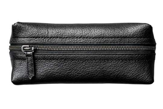 black leather pencil case, isolated on a transparent background in PNG format.