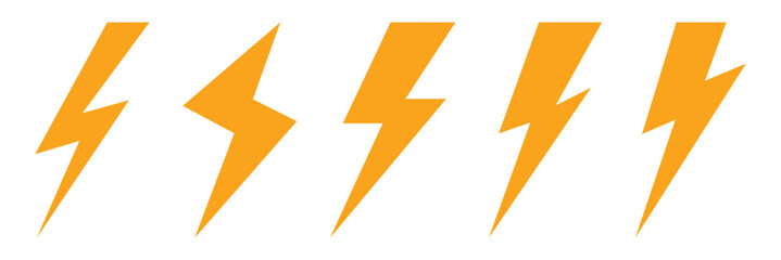 Lightning bolt icons set isolated on white background. Flash symbol, thunderbolt vector illustration. Simple lightning strike sign