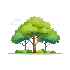 Illustration of Trees with Green Foliage and Bushes on Green Patch of Land with White Clouds