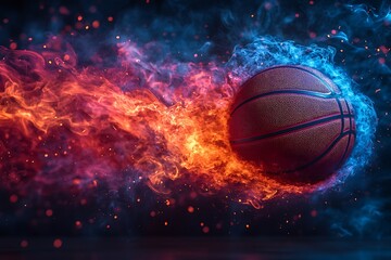 Fototapeta premium Basketball engulfed in vibrant red orange fire and blue smoke flame