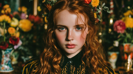 Portrait of a woman with curly red hair and flowers in a renaissance-inspired setting