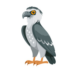 Obraz premium Cartoon image of a Philippine eagle standing, isolated on black background, showcasing its powerful beak and distinctive plumage.