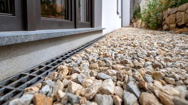 Gravel Path Beside Modern House with Drainage Grate and Stone Wall