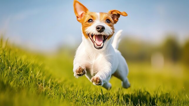 Cute white & brown Jack Russell Terrier running on grass—mouth open in joyous excitement, tail raised high; blurred background (vibrant green meadow under bright blue sky) emphasizes dog