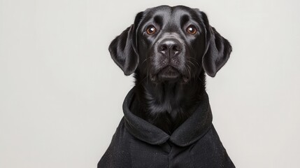 international dog day. Stylish black dog wearing a coat, looking directly at the viewer.