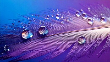 Beautiful transparent drops of rain water on a feather on a blue and violet background, macr.jpg