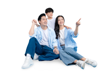 A happy family pointing together , smiling and looking forward on PNG background