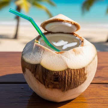 Refreshing Coconut Water on Tropical Beach