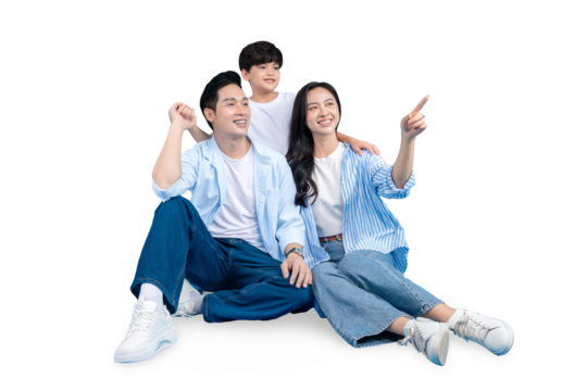 A happy family pointing together , smiling and looking forward on PNG background