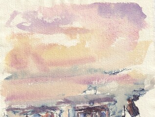 Watercolor Pastel Sunset Sky over Village Lake. Purple and Golden Hour Clouds. Vintage Rustic House under Pastel Evening Sky Watercolor Art. Impressionist Cottage River Landscape.