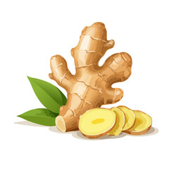Fresh ginger root and sliced pieces with green leaves against black background, aromatic spice ingredient, herbal remedy and cooking