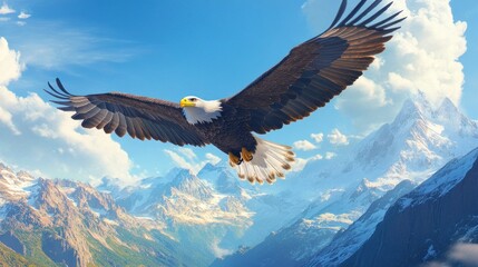 Majestic bald eagle soaring over snow-capped mountains.