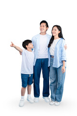 Happy family of three pointing in the distance on PNG background